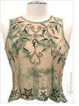 tropical motif floral green and beige fashion tank top vest with sequin bordering and star waist patterns