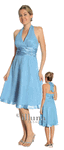 Clearance - Halter Blue Prom Dress <br> Tea Length Waist Sash Bordered