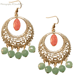 Green Aventurine and Cherry Quartz Gold Filigree Chandelier Earrings