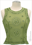 Clearance - Party Top Sheer Silk <br> Beaded  Moss Green Geometric